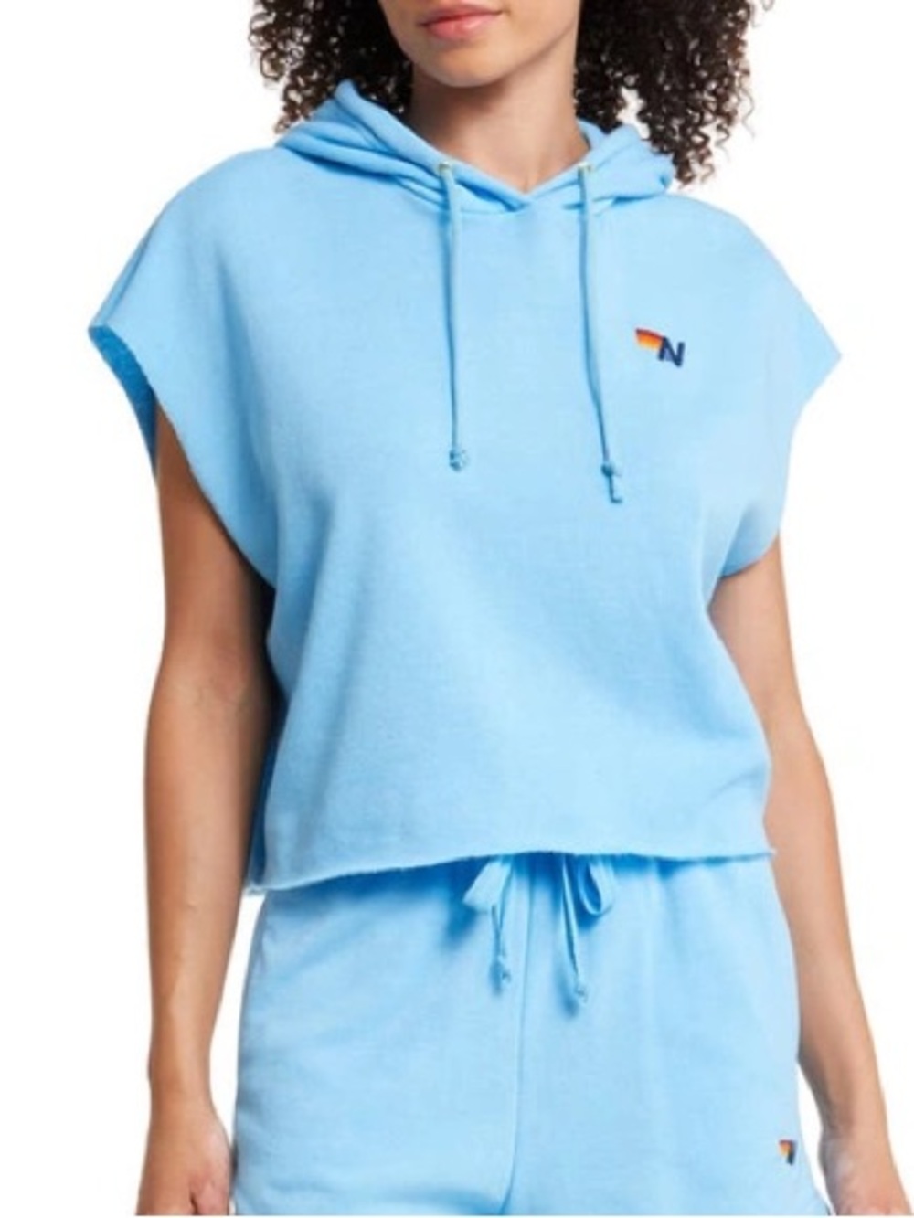 Aviator Nation sky blue sleeveless relaxed cropped hoodie